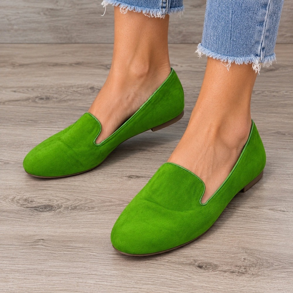 Womens Lime Green Faux Suede Loafers Fairy Slip On Costume Casual Earthy Size 8